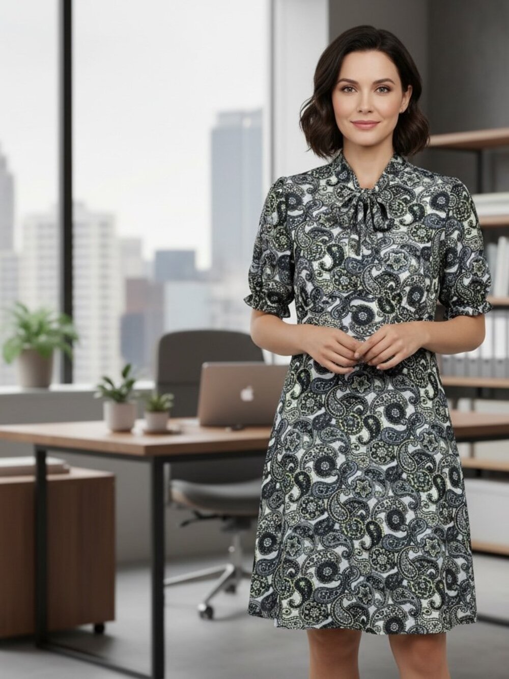 ModCloth Paisley Tie Neck A-Line Dress XL Black Blue Green Retro